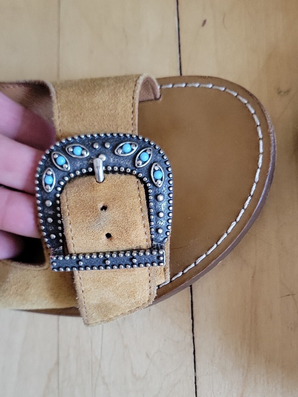 Sezane Jade Low Mules Tan Suede Slide Sandals with Silver Turquoise Buckles - 37 - Picture 9 of 13